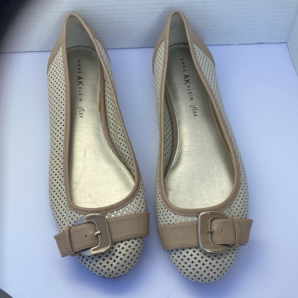 Anne Klein Tan and Cream Buckle Flats